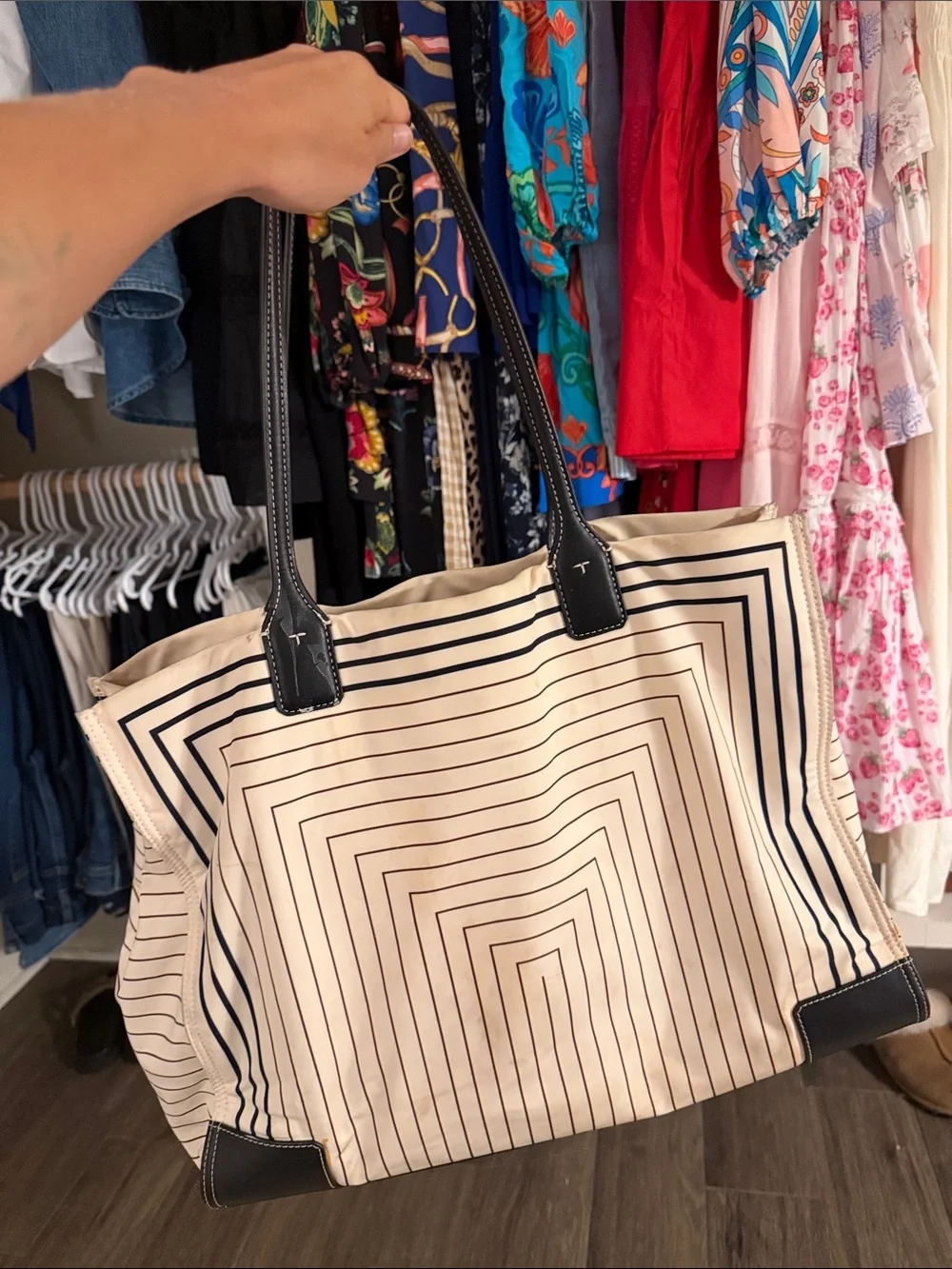 Tory Burch Black and Cream Striped Logo Tote with Leather Trim